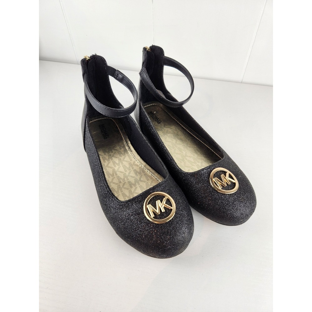 Michael Kors Girls Black Glitter Ankle Strap Ballet Flats MK100868C Size 5